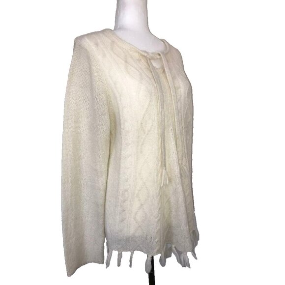 PRANA Shelby Poncho Sweater Womens Size Large Cream Ivory Cable Knit Tassle - Picture 3 of 6